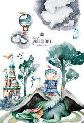Knight, dragon and castle watercolor illustration. Fabulous mystical story of a knight. Balloon princess, horse and dragon victory. Landscape design for inra in cartoon style, clipart on a white © Anna Terleeva