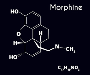 Morphine molecule isolated on black background. Recreational drug. Vector illustration.