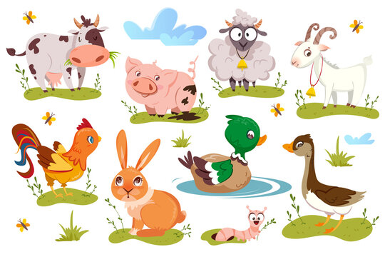 Flat cute farm animals and birds set isolated on white background. Livestock and cartoon funny farming pets. Vector illustration of cow, pig, sheep, goat and rabbit. Collection of duck, goose and hen.