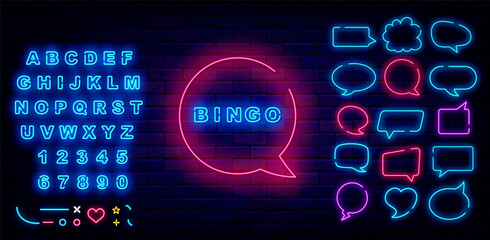 Bingo neon sign in pink cloud. Speech bubble collection and shiny blue font. Casino concept. Vector stock illustration