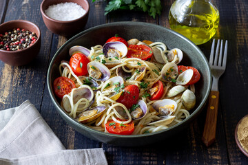 Pasta with clams Spaghetti alle Vongole. Italian food.