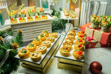 Mini snacks on the banquet table for a wedding