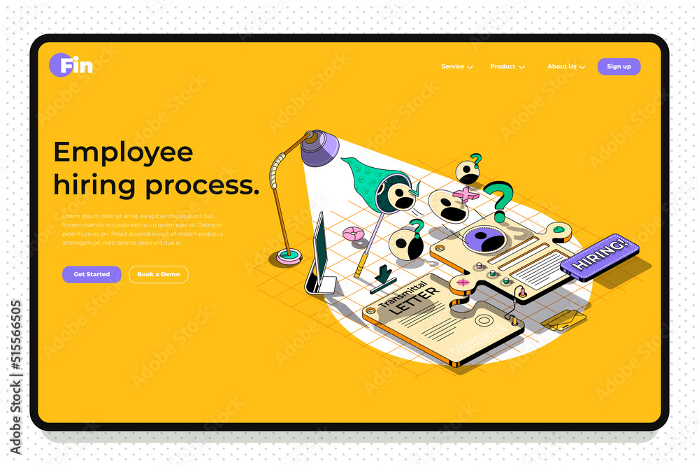 Aufkleber Hiring process concept 3d isometric outline landing page. Human resources, search for candidates for vacancies, selection of best resume. Vector web illustration with abstract line composition.