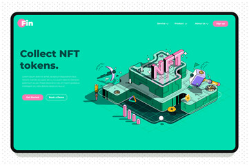 NFT concept 3d isometric outline landing page. Selling digital art works and digital content on NFT marketplace, cryptocurrency investments. Vector web illustration with abstract line composition. - obrazy, fototapety, plakaty