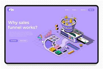 Sale funnel concept 3d isometric outline landing page. Internet marketing tools for generation leads and sales and customer attracting. Vector web illustration with abstract line composition.