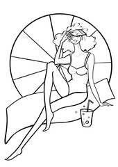 illustration fashion sketch theme vacation beach woman in sitting pose in swimsuit and cap smiling design element outline on white background icon