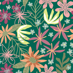 Seamless flower pattern, Floral repeat print, Garden bloom background, Summer flower field motif, Botanical wallpaper