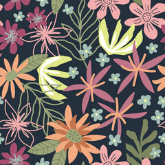 Seamless flower pattern, Floral repeat print, Garden bloom background, Summer flower field motif, Botanical wallpaper