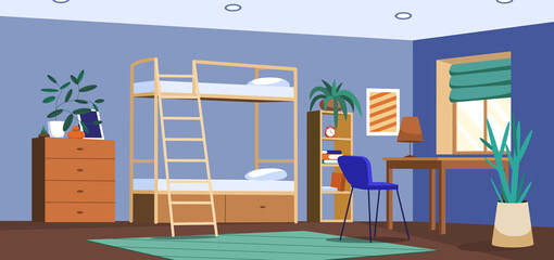 Flat student dormitory room or hostel. University or college dorm bedroom empty interior with bunk bed, desk at window, chair and bookshelf. Living apartment or accommodation with wooden furniture.