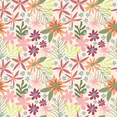 Fototapeta na wymiar Seamless flower pattern, Floral repeat print, Garden bloom background, Summer flower field motif, Botanical wallpaper