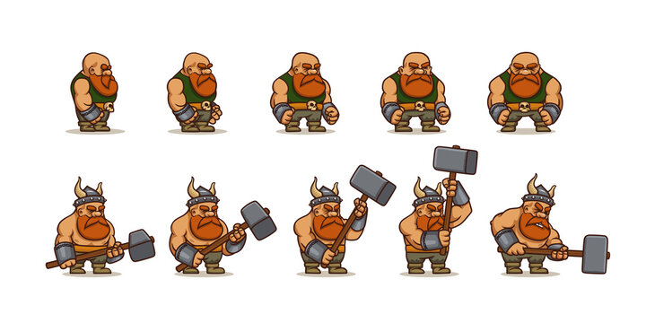 Viking cartoon character sprite sheet animation for 2d rpg game. Scandinavian warrior personage fight with hammer animated effect, barbarian with ginger beard different poses, Vector illustration