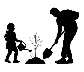 Planting tree and landscaping. Silhouettes of man with shovel and child girl with watering can. Vector illustration © nosyrevy