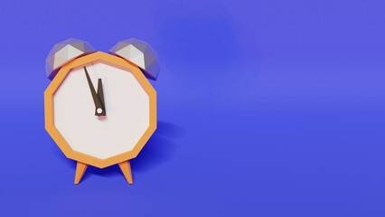 Low poly alarm clock. Sylized 3d illustration.