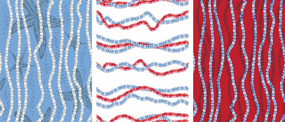 A set of seamless fashionable patterns on the marine theme.
Vertical and horizontal beaded stripes and starfish. Hand-drawn vector illustration for printing, fabric, textile, manufacturing, wallpapers - 515567913