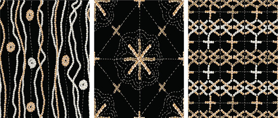 Set of seamless patterns in the old folk style. Golden embroidered ornament on a black background. Beads. Hand-drawn vector illustration for printing, fabric, textile, manufacturing, wallpapers. - 515567927