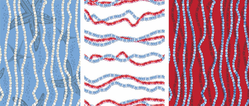 A set of seamless fashionable patterns on the marine theme.
Vertical and horizontal beaded stripes and starfish. Hand-drawn vector illustration for printing, fabric, textile, manufacturing, wallpapers