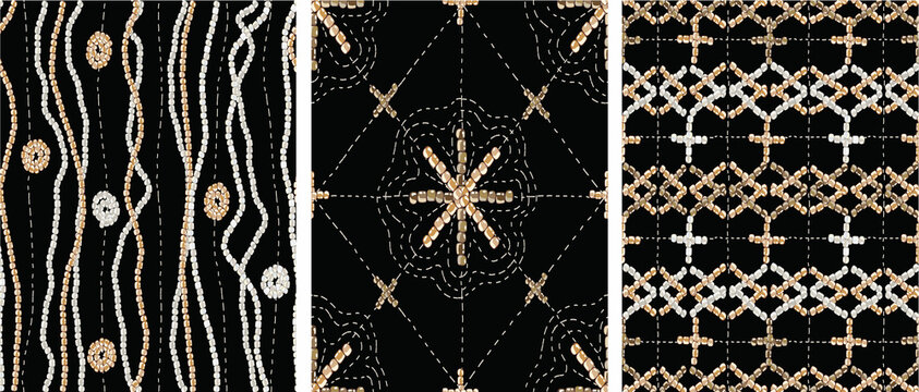 Set of seamless patterns in the old folk style. Golden embroidered ornament on a black background. Beads. Hand-drawn vector illustration for printing, fabric, textile, manufacturing, wallpapers.