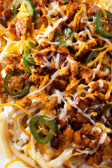 A top down view of a plate of loaded fries.