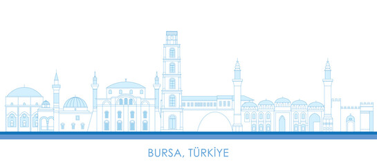 Outline Skyline panorama of city of Bursa, Turkiye - vector illustration