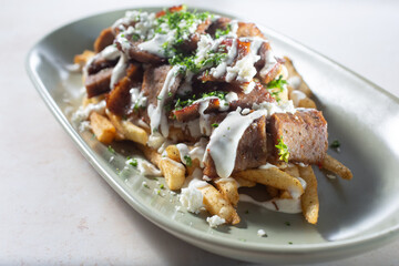A view of a plate of beef shawarma fries.