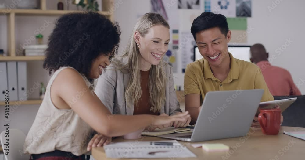 Poster businesspeople using laptop for meeting, video call or conference in office. diverse creative team o