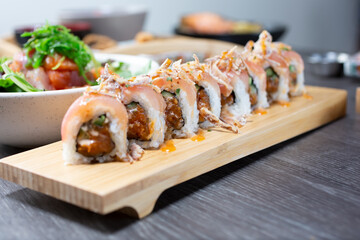 A view of a spicy tuna roll.