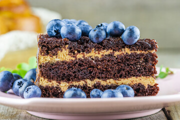 Piece of chocolate cake with fresh blueberries.