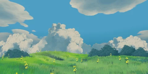 Photo sur Plexiglas Bleu landscape summer grass and bushes in anime style