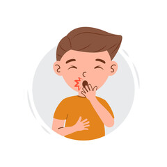 Flu disease signs and symptoms on kid boy character. Cartoon kid boy with fever, snot, cough, dizzy and sore throat vector illustration