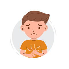 Flu disease signs and symptoms on kid boy character. Cartoon kid boy with fever, snot, cough, dizzy and sore throat vector illustration