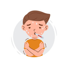 Flu disease signs and symptoms on kid boy character. Cartoon kid boy with fever, snot, cough, dizzy and sore throat vector illustration
