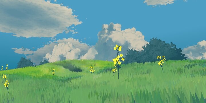 Landscape Summer Grass And Bushes In Anime Style