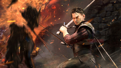 a warrior with long swords in his hands fights monsters in a ruined castle. he is a witcher dressed in hunter's armor, sparks and smoke are flying in the air. an epic battle of good and evil. 2d art
