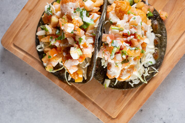 A top down view of some fish tacos.