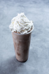 A closeup view of a frozen cappuccino beverage.