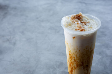 A view of a brown sugar boba beverage.