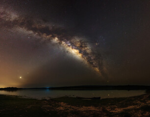 Panorama night sky milky way, star on dark background with noise and grain. selection focus.