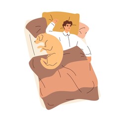 Man and cute dog sleeping in bed together. Sleepy person asleep, lying with canine animal. Doggy owner dreaming under blanket, relaxing with pet. Flat vector illustration isolated on white background