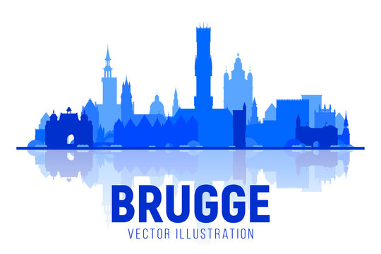 Bruges ( Brugge ) Belgium silhouette panorama on white background. Vector Illustration. Business travel and tourism concept with modern buildings. Image for banner or web site.