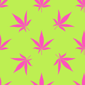 Seamless pattern with cannabis leaves in a bright neon palette. Pink marijuana leaves on a green background. Ornament for fabric, wrapping paper, banner, digital paper.