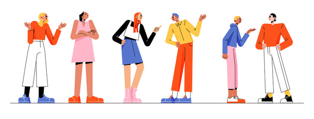 Angry people argue, quarrel in couple, friends conflict. Vector flat illustration of men and women dispute. Concept of bad relationship with trouble and problems