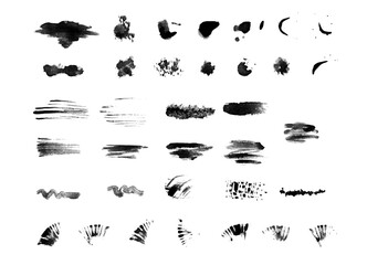 Set of vector blots. White background with spots for design. Ink stains and splashes. Vector black silhouettes.