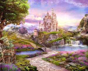 3d image of fairy-tale castle with a pond, a bridge and dense vegetation of lavender bushes, stone path, mountains and waterfall in the background 3d rendering
