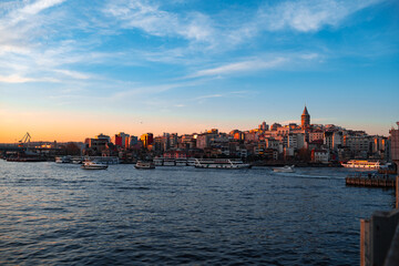 Fototapeta premium Boats in sea and scenic sunset in Istanbul