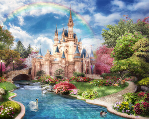 Fototapeta 3d image of fairy-tale castle with a pond and swans, a bridge and dense vegetation, a rainbow in the sky 3d rendering
 obraz