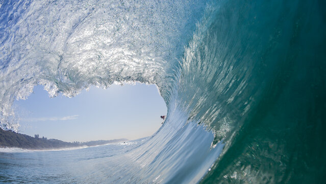 Surfing Inside Hollow Ocean Wave Swimming Water Perspective.