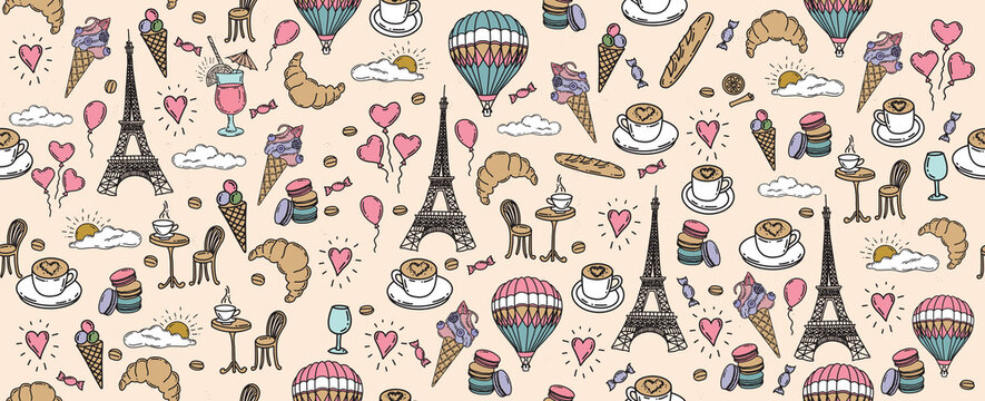 Set of hand drawn French icons, Paris sketch illustration. Vector.