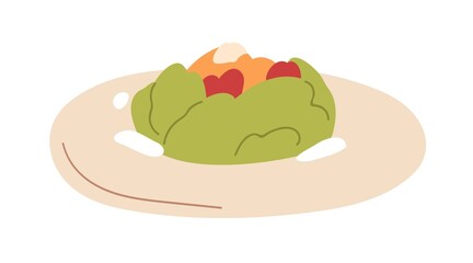 Vegetable salad dish served on plate with fresh veggies, lettuce. Restaurant meal, vegan dinner. Abstract eating, portion. Flat vector illustration isolated on white background
