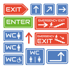 Waifindings. Signs entry and exit from premises. Forbidding signs entry and exit. llustration, Vector.