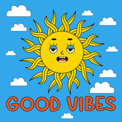 Funny cartoon character. Groovy element funky sun on sky with clouds. Vector illustration trendy retro cartoon style. Good vibes. Comic element for sticker, square poster, graphic tee print, card.